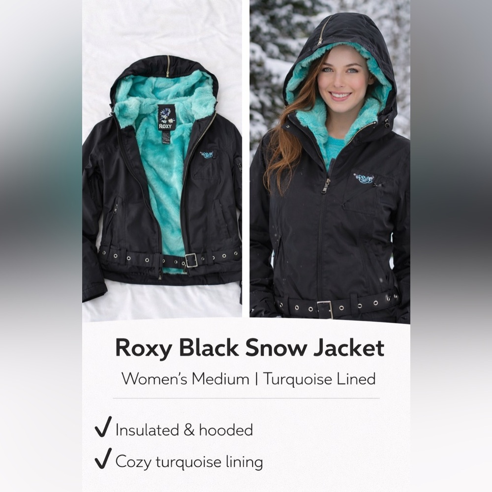 Roxy Black Snow Jacket Women’s Medium Insulated Hooded Ski Coat Turquoise Lined